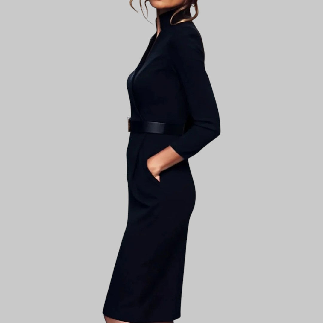Amber | Women’s Long Sleeve Belted Sheath Midi Dress