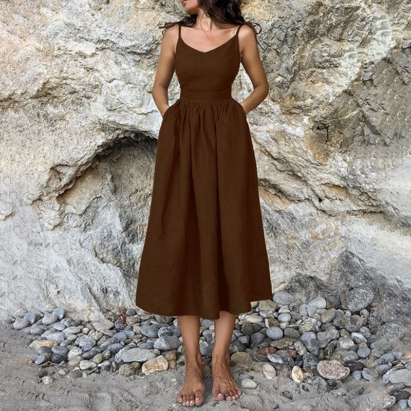 Maria | Women’s Midi Dress V Neck Open Back Slit