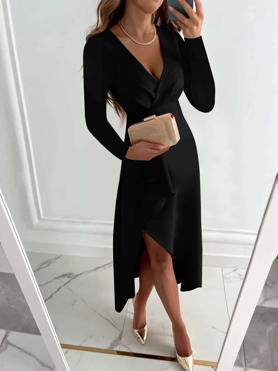 Lily | Women’s V Neck Sheath Midi Dress Slit