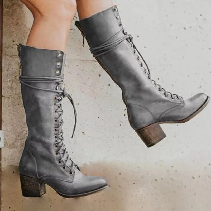 Amelia | Women’s Lace-Up Knee-High Boots with Block Heel
